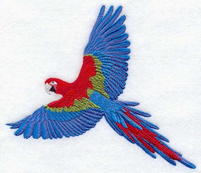 GREENWING MACAW in FLIGHT Machine Embroidered Quilt Blocks AzEB image 1