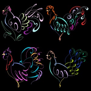 SWIRLY ARTDECO ROOSTERS (4inch) - 10 Machine Embroidery Designs Instant Download 4x4 hoop (AzEB)