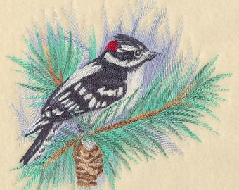 DOWNY WOODPECKER In WATERCOLOR - Machine Embroidered Quilt Block (AzEB)