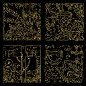 Può includere: Quattro illustrazioni dorate su sfondo nero. Ogni illustrazione rappresenta un simbolo religioso diverso. La prima illustrazione mostra un calice con un'ostia, grano e fiori. La seconda illustrazione mostra un calice con un'ostia, pane e uva. La terza illustrazione mostra una croce con un rosario e un uccello. La quarta illustrazione mostra un calice con un pesce, una croce, una candela e un libro.