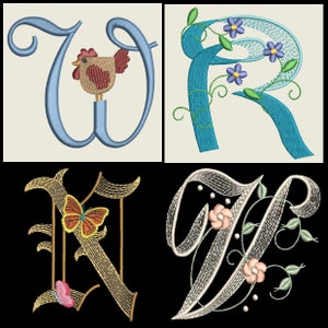 May include: Embroidered alphabet letters with decorative floral and animal designs. The letters are W, R, N, and V. The W has a brown chicken, the R has blue flowers, the N has a butterfly, and the V has pink flowers.
