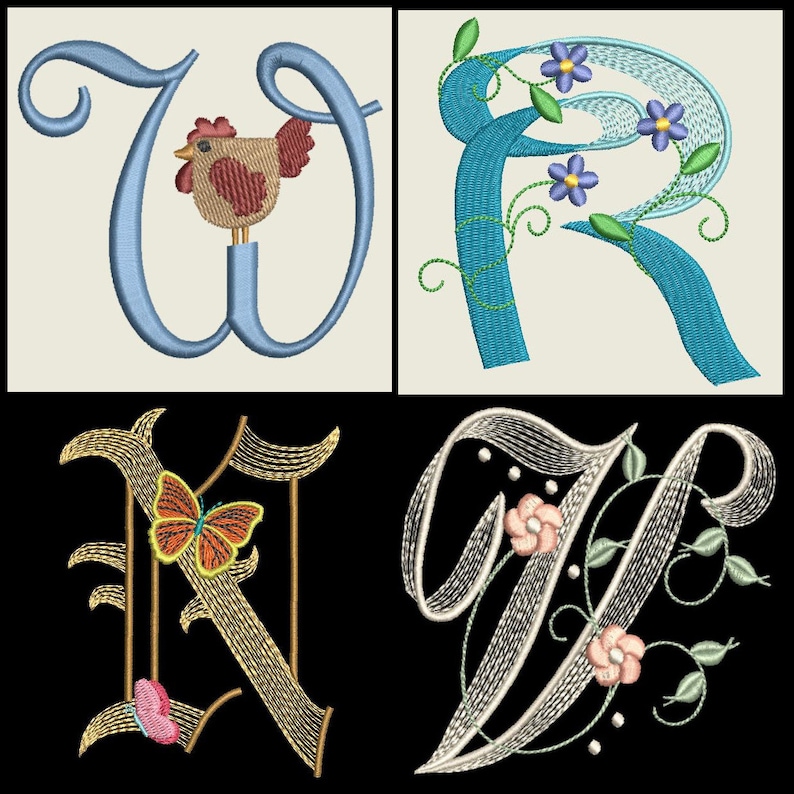 May include: Embroidered alphabet letters with decorative floral and animal designs. The letters are W, R, N, and V. The W has a brown chicken, the R has blue flowers, the N has a butterfly, and the V has pink flowers.