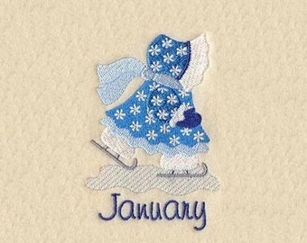 SUNBONNET SUE MONTHS of the Year (January) - Machine Embroidery Quilt Block (AzEB)