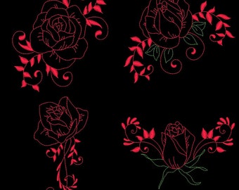 BEAUTIFUL REDWORK ROSES (4inch) - 10 Machine Embroidery Designs Instant Download 4x4 hoop (AzEB)