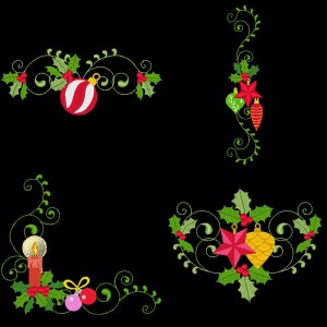 May include: Four digital embroidery designs featuring Christmas ornaments, holly, and a candle. The designs are in a black background with green, red, and yellow colors.