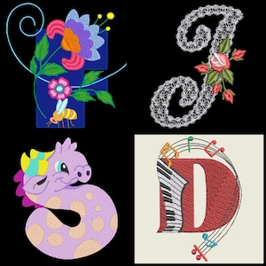 May include: Four embroidered letters, F, J, S, and D, each with a unique design. The letter F is blue with a flower and bee, J is white lace with a rose, S is purple with a dragon, and D is red with musical notes and a piano.