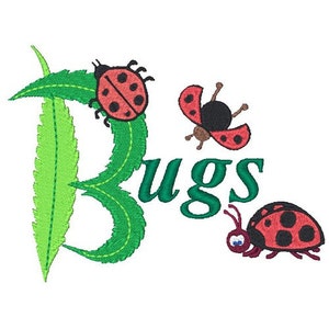 Puede incluir: Un diseño de hojas verdes con la palabra "Bugs" en texto verde. Hay tres mariquitas rojas y negras, dos con manchas negras y una con cuerpo negro.