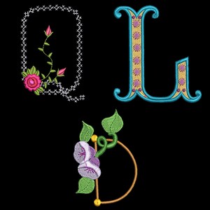 May include: Embroidered letters Q, L, and D with floral embellishments. The letters are in a decorative font and are outlined in gold. The flowers are pink, purple, and green.