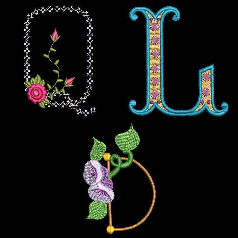 May include: Embroidered letters Q, L, and D with floral embellishments. The letters are in a decorative font and are outlined in gold. The flowers are pink, purple, and green.