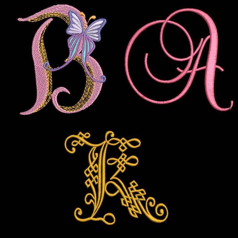 May include: An embroidered monogram with the letters "B", "A", and "K". The "B" is pink and gold, with a purple butterfly on it.