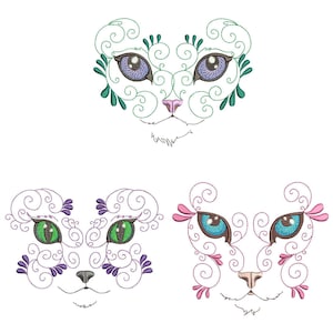 Puede incluir: Tres caras de gato bordadas con intrincados remolinos y ojos de diferentes colores. El gato de arriba tiene remolinos verdes y ojos morados, el gato del medio tiene remolinos morados y ojos verdes, y el gato de abajo tiene remolinos rosas y ojos azules.