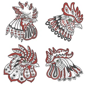 May include: Four stylized rooster heads with intricate designs in red, black, and white. The rooster heads are drawn in a traditional folk art style.