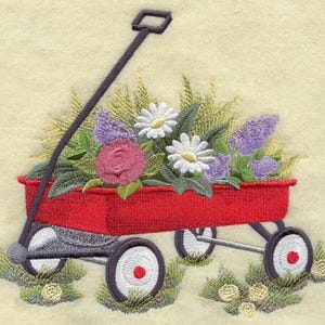 LITTLE RED WAGON With Flowers - Machine Embroidered Quilt Blocks (AzEB)