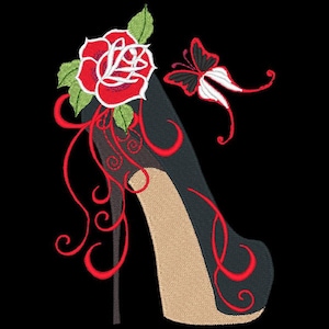 May include: A black high-heeled shoe with a red rose and a butterfly design. The shoe has a red swirl design and a beige heel.
