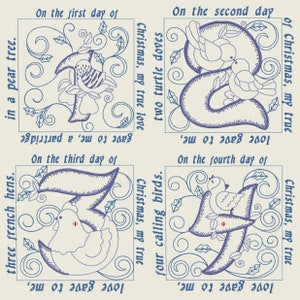 May include: Four embroidered squares with blue stitching on a cream background. Each square features a number, a festive item, and the lyrics to the Twelve Days of Christmas song. The numbers are 1, 2, 3, and 4. The items are a pear tree, two turtle doves, three french hens, and four calling birds.