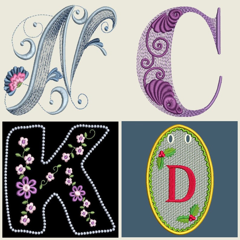 May include: Four embroidered letters, N, C, K, and D, each with a unique design. The letter N is blue with floral accents, the letter C is purple with swirls, the letter K is purple with white flowers on a black background, and the letter D is red with green holly accents in a yellow oval frame.