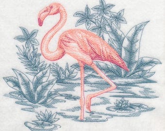 FLAMINGO SCENE TOILE - Machine Embroidered Quilt Block (AzEB)