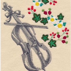 May include: A black and white embroidered image of a cello with a bow and a ribbon. The cello is surrounded by a wreath of white flowers with yellow centers and green leaves. There are also red berries throughout the wreath.