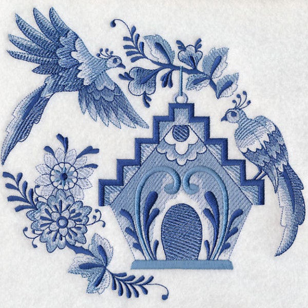 DELFT BLUE BIRDHOUSE #3 - Machine Embroidered Quilt Block (AzEB)