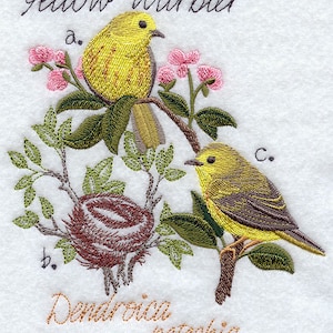 May include: Embroidered image of a yellow warbler, Dendroica petechia, with a nest and pink flowers. The image is labeled with the bird's name and scientific name.