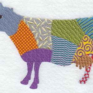 May include: A patchwork cow with a purple, orange, green, blue, and white design. The cow is standing on a white background.