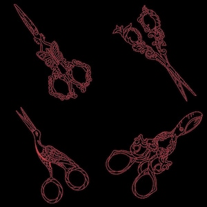 May include: Four ornate scissors with intricate designs. The scissors are in a red colour and have a black background.