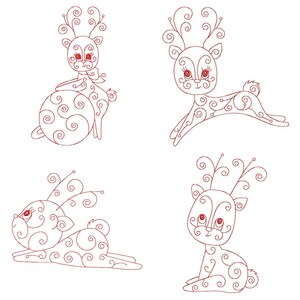 CURLY CHRISTMAS DEERS (4 inch)-10 Machine Embroidery Design Instant Download 4x4 Hoop (AzEB)
