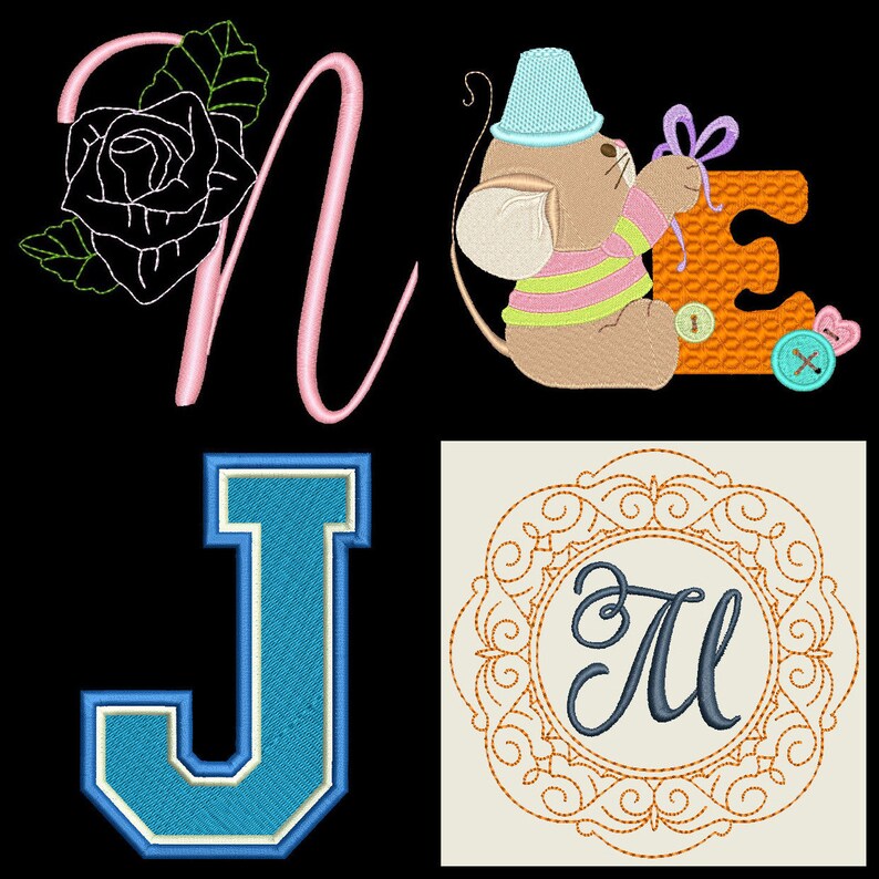 May include: Embroidered letters N, E, J, and M. The letter N is pink and has a black rose with green leaves. The letter E is orange and has a mouse wearing a blue hat and holding a purple ribbon. The letter J is blue with a white outline. The letter M is in a brown frame with a decorative design.