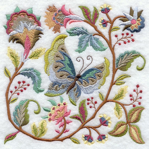 JACOBEAN BUTTERFLY and FLOWER Square #1 - Machine Embroidered Quilt Block (AzEB)