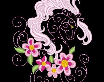 FANTASY FLORAL HORSES #4- 1 Machine Embroidery Design Instant Download 4x4 5x7 6x10 hoop (AzEB)