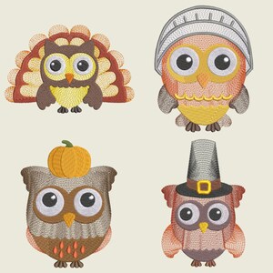 May include: Four embroidered owl designs with different Thanksgiving themes. One owl wears a pilgrim hat, another has a pumpkin on its head, one has a turkey feather headdress, and the last one has a simple brown design.