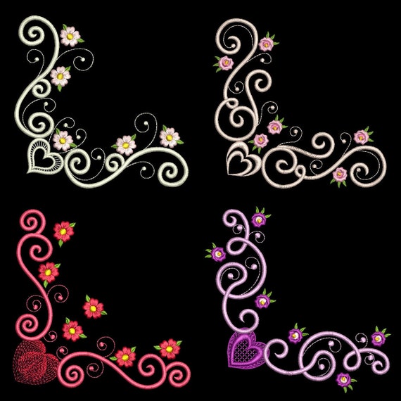 FLORAL HEART CORNERS (4inch) - 10 Machine Embroidery Designs