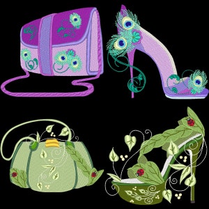 Puede incluir: Cuatro diseños bordados que representan un bolso de mano morado con una correa para el hombro, un zapato de tacón alto morado con plumas de pavo real, un bolso de mano verde con detalles florales y un zapato de tacón alto verde con detalles florales y mariquitas.