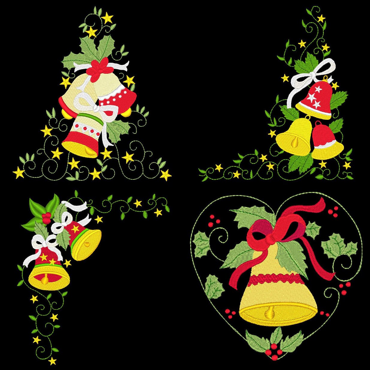 CURLY CHRISTMAS BELLS Corners 4inch 12 Machine Embroidery Etsy