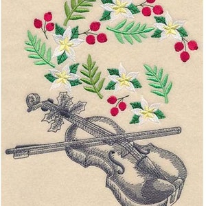 May include: A black and white embroidered image of a violin with a bow, surrounded by green leaves, white flowers, and red berries.