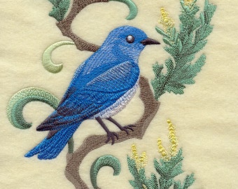 NEVADA MOUNTAIN BLUEBIRD & Sagebrush Medley - Machine Embroidered Quilt Block (AzEB)