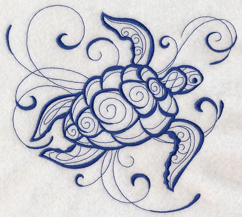 SEA TURTLE Intricate Ink Sea Life AzEB Machine Embroidered Quilt Block