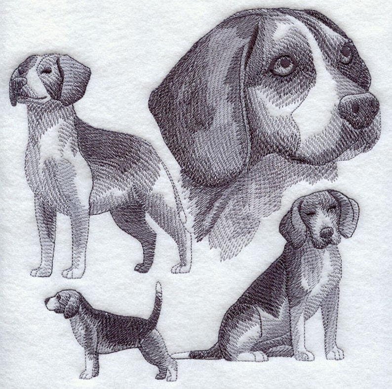 BEAGLE SKETCH Machine Embroidered Quilt Blocks AzEB image 1