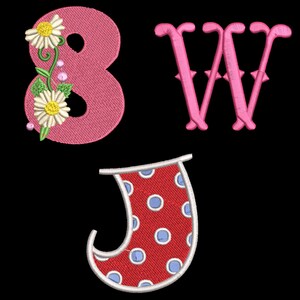 May include: Pink felt letters '8' and 'W' with a daisy design and a red felt letter 'J' with blue polka dots.
