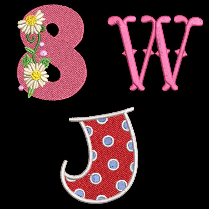 May include: Pink felt letters '8' and 'W' with a daisy design and a red felt letter 'J' with blue polka dots.