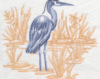 GREAT BLUE HERON Scene Toile - Machine Embroidered Quilt Block (AzEB)