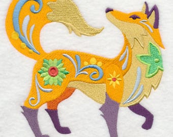 FLOWER POWER FOX - Machine Embroidered Quilt Block (AzEB)