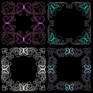 Puede incluir: Cuatro marcos cuadrados con diseños de mariposas. Cada marco tiene un esquema de color diferente: rosa, azul, blanco y negro. Los marcos están hechos de un patrón delicado y en espiral.