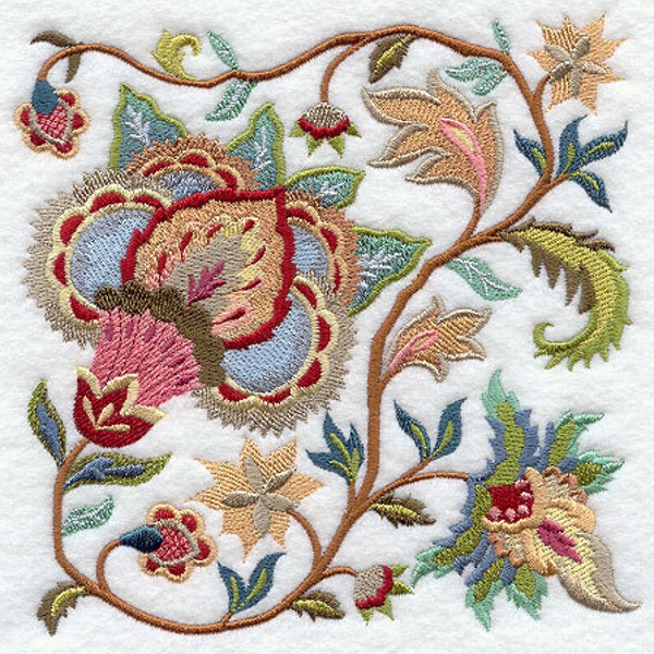JACOBEAN SUMMER FLOWERS Square #2 - Machine Embroidered Quilt Block (AzEB)