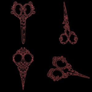 May include: Four ornate scissors with intricate floral designs, outlined in pink against a black background.