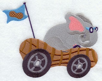 ELEPHANT RACER In A PEANUT Car- Machine Embroidered Quilt Blocks (AzEB)