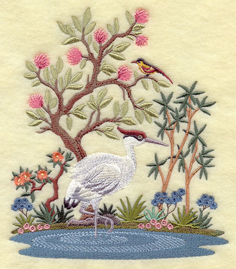 CHINOISERIE CRANE SCENE Machine Embroidery Quilt Blocks Azeb image 1