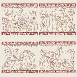 May include: Four black and white line drawings of fall harvest scenes. Each scene features pumpkins, birds, and leaves. The top left scene shows a bird perched on a pumpkin. The top right scene shows a bird perched on a branch with pumpkins in the background. The bottom left scene shows two birds perched on pumpkins with sunflowers in the background. The bottom right scene shows a bird perched on a branch with pumpkins in the background.