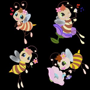 May include: Four embroidered bee designs on a black background. Each bee has a smiling face, wings, and a striped body. One bee holds hearts, another sits on a flower, and another holds a flower. The last bee is near a flower and a butterfly.