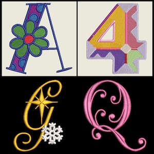 May include: Four embroidered letters, A, 4, G, and Q, each with a unique design. The letter A has a green flower with a red centre, the number 4 is made of colourful geometric shapes, the letter G has a gold star and a snowflake, and the letter Q has pink swirls.